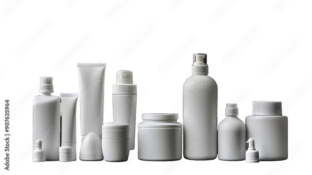 A set of different white cosmetic bottles and jars isolated on transparent background A set of different white cosmetic bottles and jars isolated on transparent background