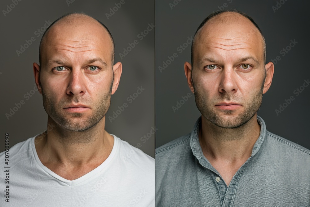 Two men with shaved heads, one with a beard and the other without Two men with shaved heads, one with a beard and the other without