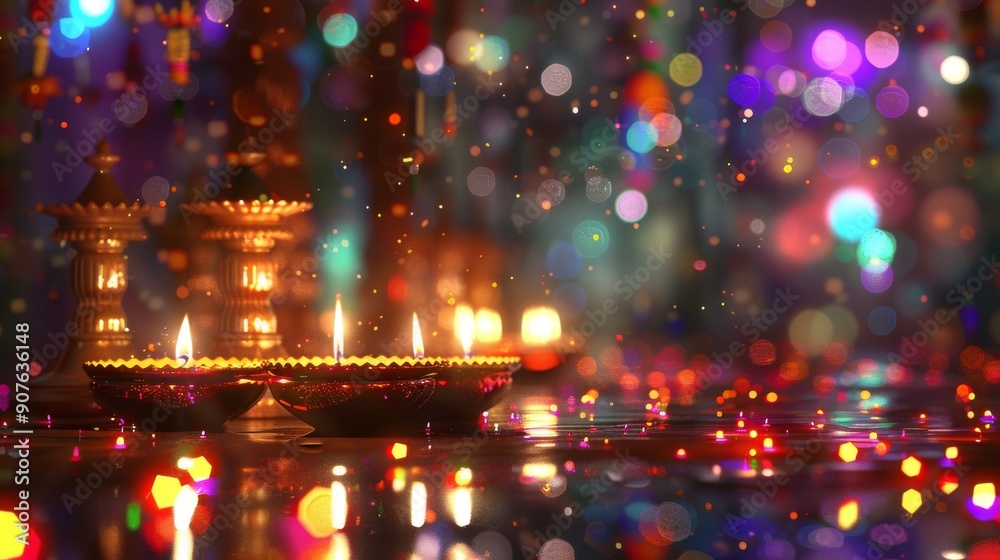 Colorful Festive Candle Lamps in Vibrant Bokeh Light - Traditional Diwali Celebration Colorful Festive Candle Lamps in Vibrant Bokeh Light - Traditional Diwali Celebration