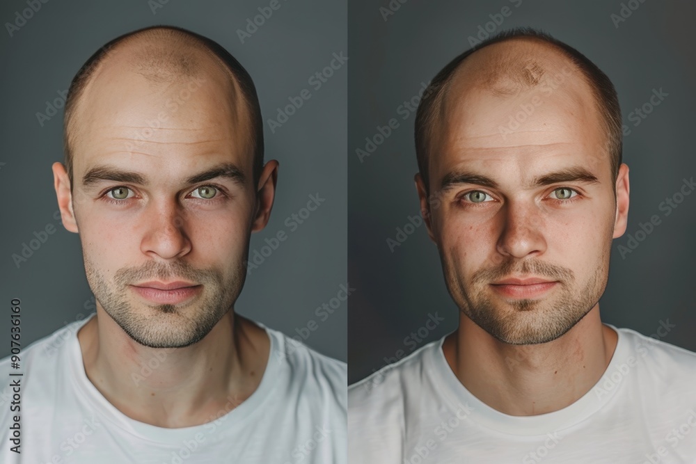 Two men with shaved heads, one with a beard and the other without Two men with shaved heads, one with a beard and the other without