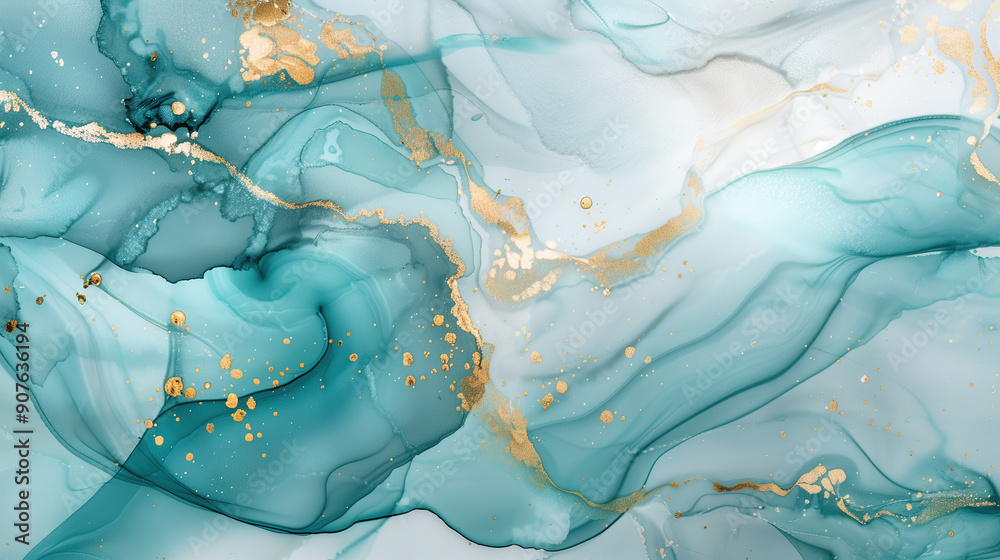Fototapeta premium Elegant marble ink texture background with turquoise and gold accents