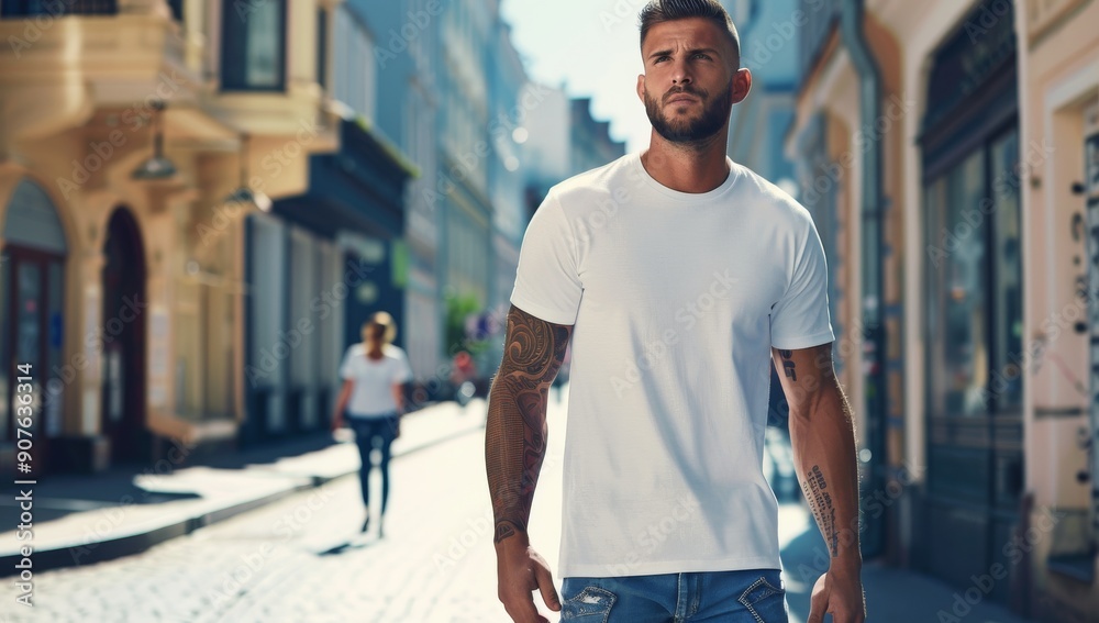 Fototapeta premium Confident Man in White T-Shirt Walking Down a Sunny Urban Street with Tattoo Sleeves