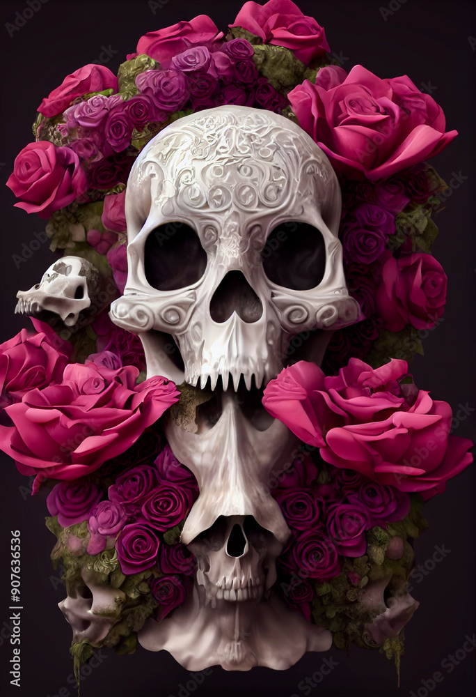 Portrait of a human skull decorated with roses Portrait of a human skull decorated with roses