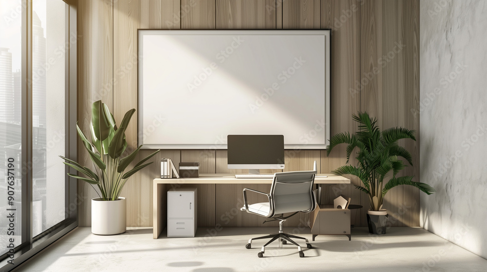 Professional Office Room Mock-Up with Empty Poster Frame, Technology Setup, and Minimalist Design Professional Office Room Mock-Up with Empty Poster Frame, Technology Setup, and Minimalist Design
