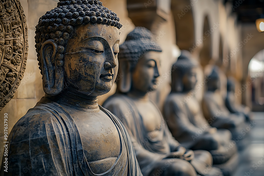 Buddha statues with the Dharma Wheel symbolize the Buddha's teachings, the cycle of birth and rebirth, and the path to enlightenment, representing the cosmic law and order in Buddhism Buddha statues with the Dharma Wheel symbolize the Buddha's teachings, the cycle of birth and rebirth, and the path to enlightenment, representing the cosmic law and order in Buddhism