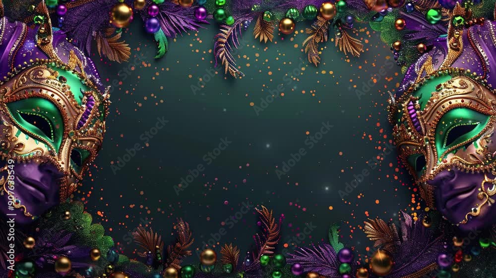 Mardi Gras carnival mask with green, purple and gold colors. Mardi Gras carnival background with a decorative mask. Mardi Gras carnival mask with colorful feathers on dark background. Copy space area 