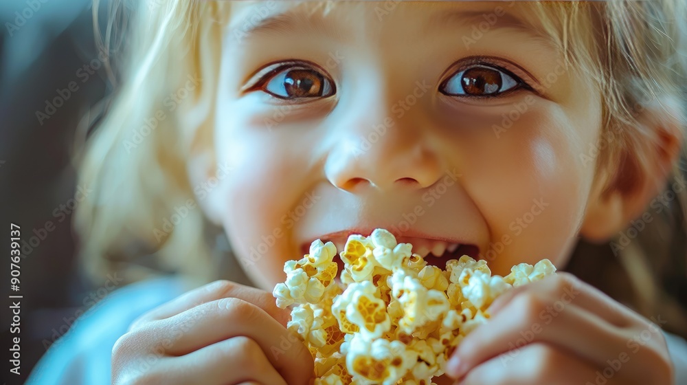 Naklejka premium a child eats popcorn. Selective focus