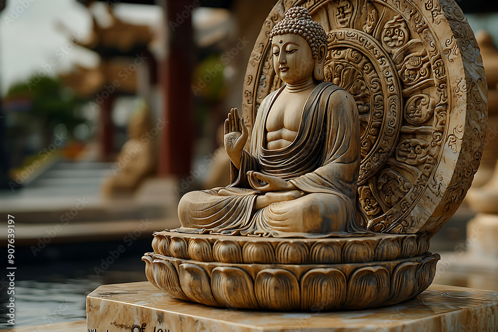 Buddha statues with the Dharma Wheel symbolize the Buddha's teachings, the cycle of birth and rebirth, and the path to enlightenment, representing the cosmic law and order in Buddhism Buddha statues with the Dharma Wheel symbolize the Buddha's teachings, the cycle of birth and rebirth, and the path to enlightenment, representing the cosmic law and order in Buddhism