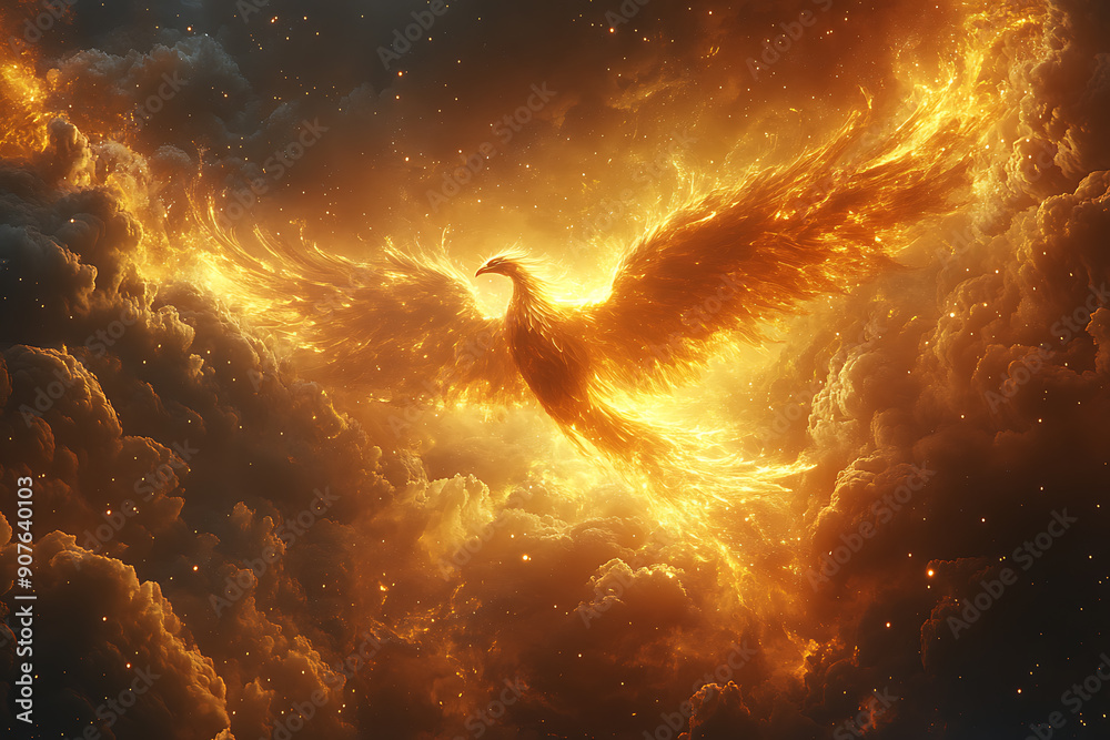 A majestic phoenix ascends with fiery wings spread wide, enveloped by a glowing ring of fire symbolizing rebirth and the eternal cycle of life. The intense flames create a dramatic, otherworldly aura A majestic phoenix ascends with fiery wings spread wide, enveloped by a glowing ring of fire symbolizing rebirth and the eternal cycle of life. The intense flames create a dramatic, otherworldly aura