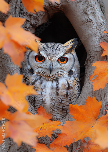 Owl blending into a tree with fall foliage, detailed and high-resolution photo