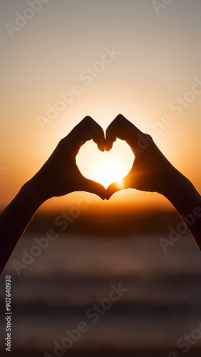Person forming a heart shape with hands at sunset