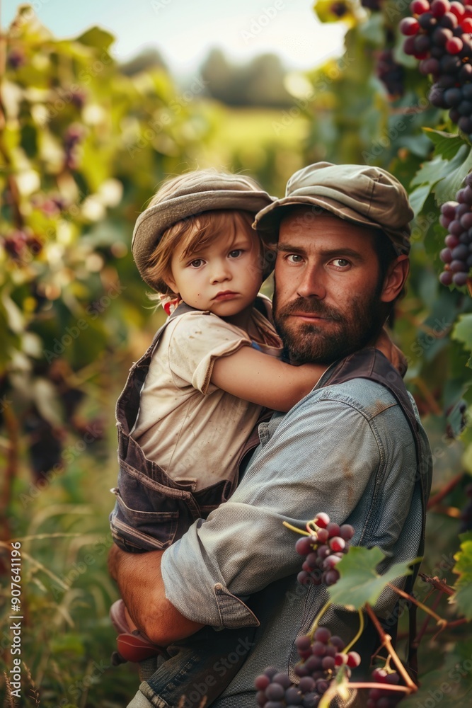 a man with a son in a field of grapes. Selective focus a man with a son in a field of grapes. Selective focus