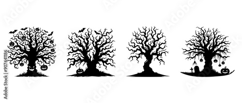 Halloween tree silhouette black filled vector Illustration icon