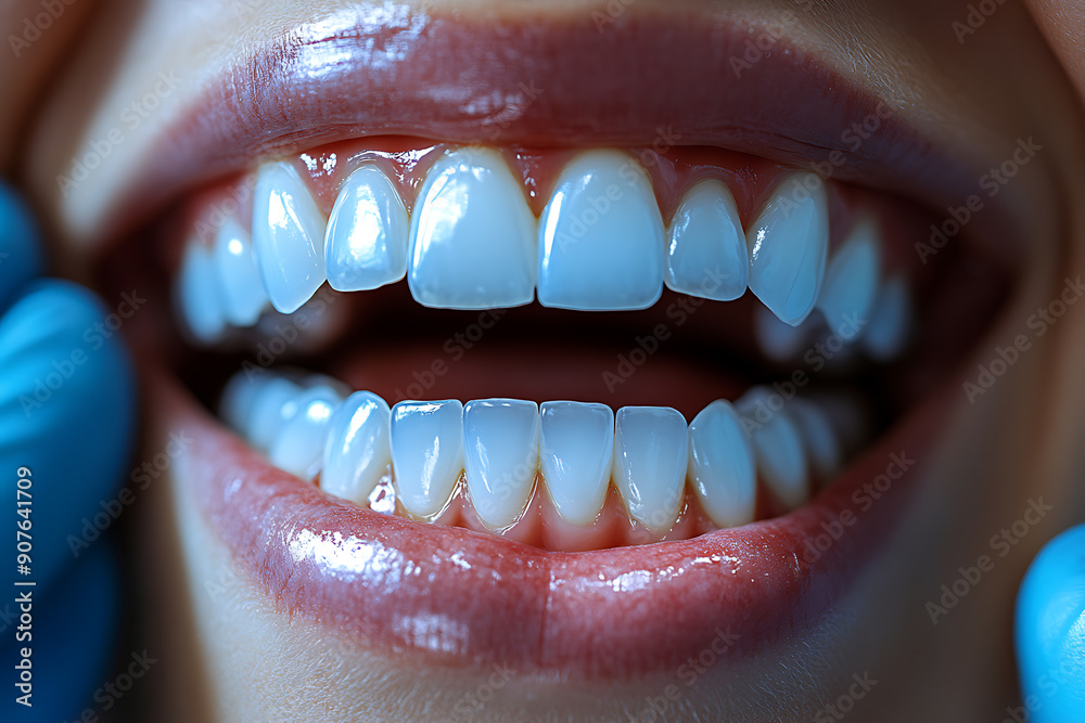 Fototapeta premium Showing a fantastic close-up smile with perfectly white, straight teeth, radiating confidence and happiness during a dental visit