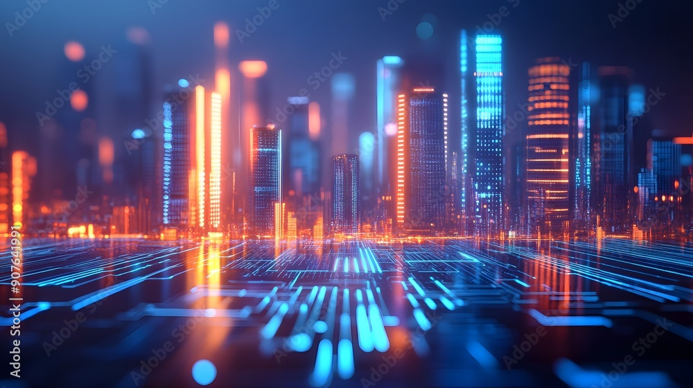 Advanced Futuristic Cityscape with 3D Holograms and High-Tech Architecture, Concept of Technology Innovation and Urban Development, Copy Space Available. Advanced Futuristic Cityscape with 3D Holograms and High-Tech Architecture, Concept of Technology Innovation and Urban Development, Copy Space Available.