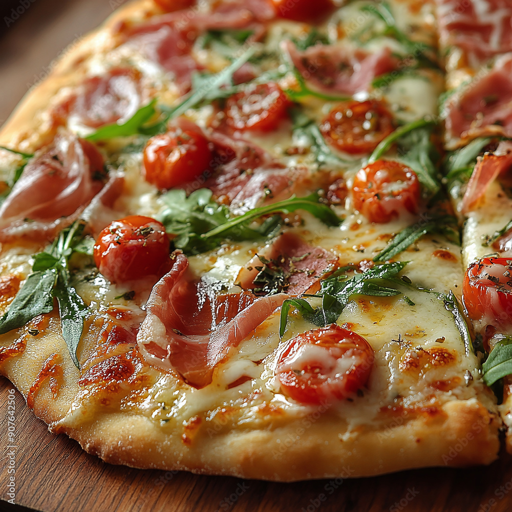 A close-up of a wood-fired pizza topped with arugula, prosciutto, and cherry tomatoes, with melted cheese oozing slightly A close-up of a wood-fired pizza topped with arugula, prosciutto, and cherry tomatoes, with melted cheese oozing slightly