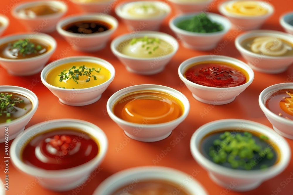 A row of black bowls filled with various sauces, including ketchup, mustard A row of black bowls filled with various sauces, including ketchup, mustard