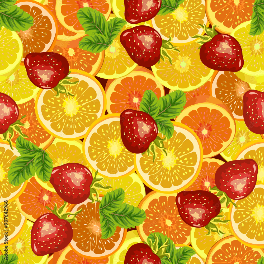 Citruses and strawberries in a pattern.Strawberries and citrus slices in a seamless vector pattern. Citruses and strawberries in a pattern.Strawberries and citrus slices in a seamless vector pattern.