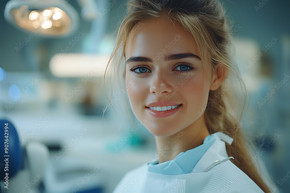 Fototapeta premium A charming girl sitting in the dentist's chair, showcasing a fantastic smile with beautifully white, straight teeth, exuding confidence and happiness during her dental visit