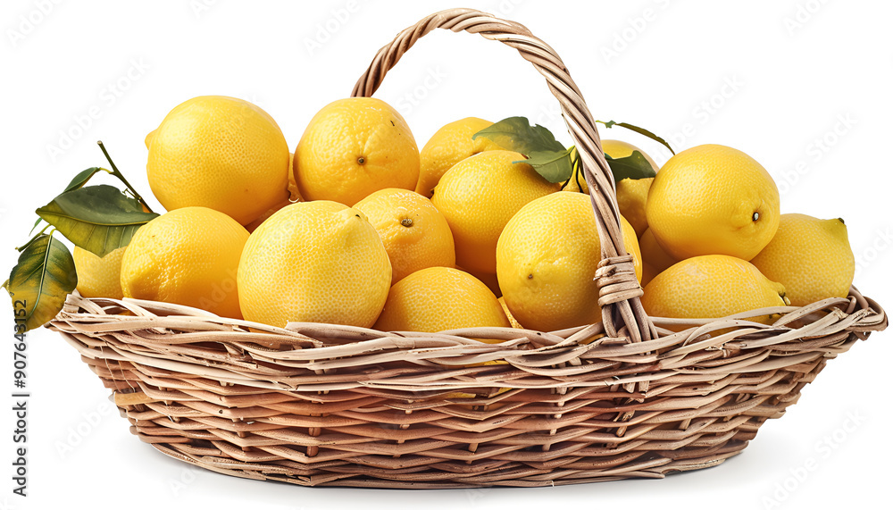 Ripe lemons in wicker basket isolated on white background Ripe lemons in wicker basket isolated on white background