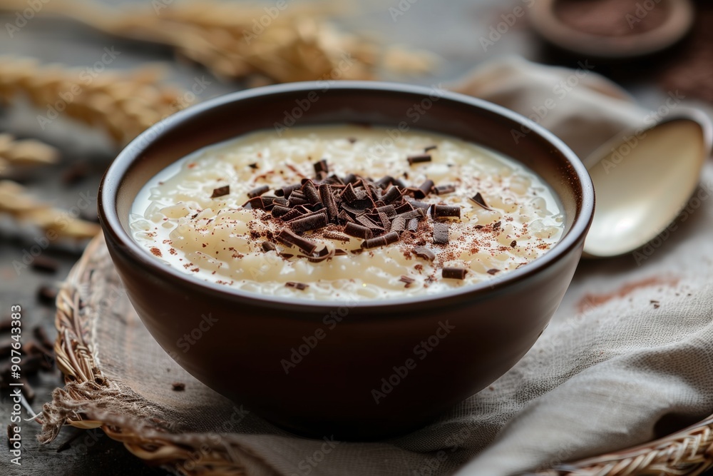 Bowl of creamy kheer topped with a sprinkle of chocolate, dessert, Indian, sweet, traditional, rice pudding, dairy Bowl of creamy kheer topped with a sprinkle of chocolate, dessert, Indian, sweet, traditional, rice pudding, dairy