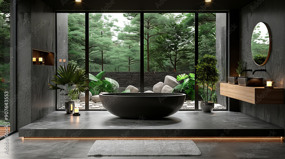 A modern bathroom features a sleek black freestanding tub centered on a raised platform, with floor-to-ceiling windows. A modern bathroom features a sleek black freestanding tub centered on a raised platform, with floor-to-ceiling windows.
