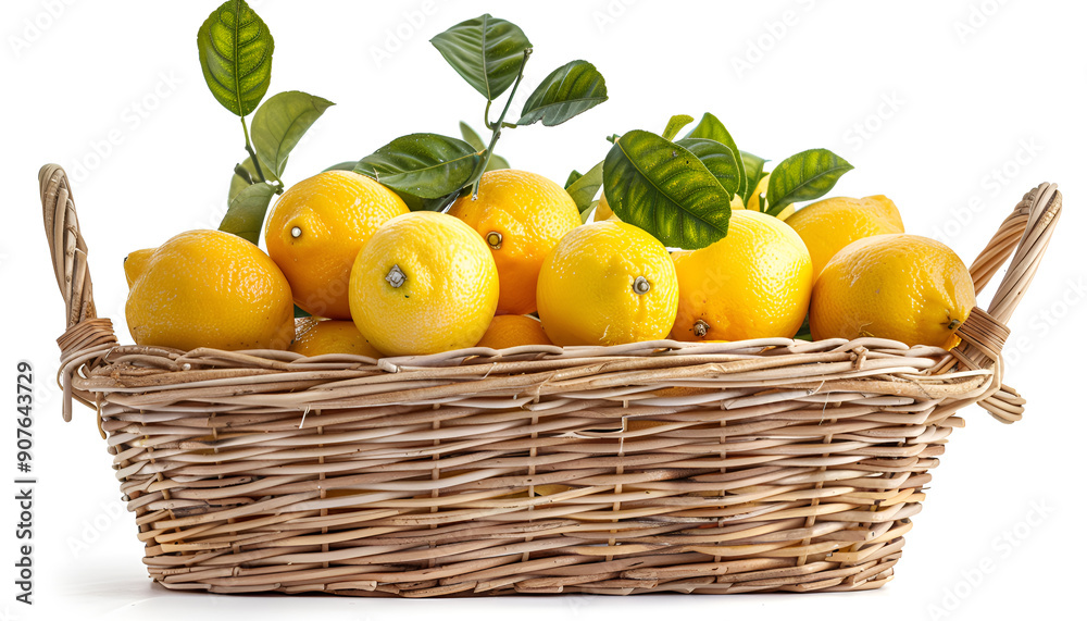 Ripe lemons in wicker basket isolated on white background Ripe lemons in wicker basket isolated on white background