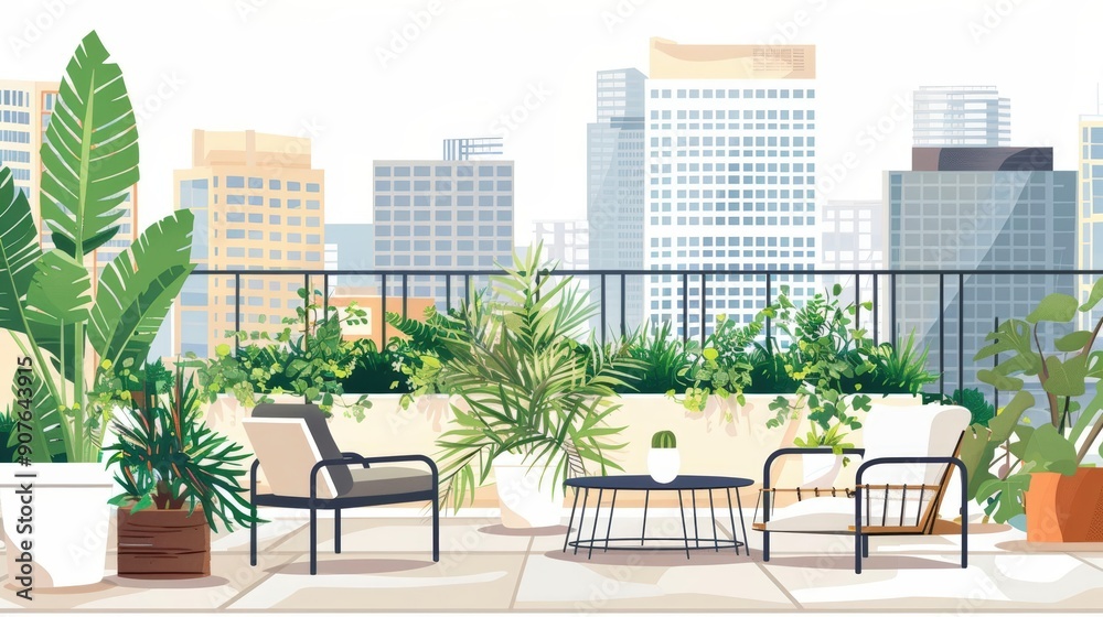 A cute cartoon Style ofA chic urban rooftop garden with plants, seating areas, and city views A cute cartoon Style ofA chic urban rooftop garden with plants, seating areas, and city views