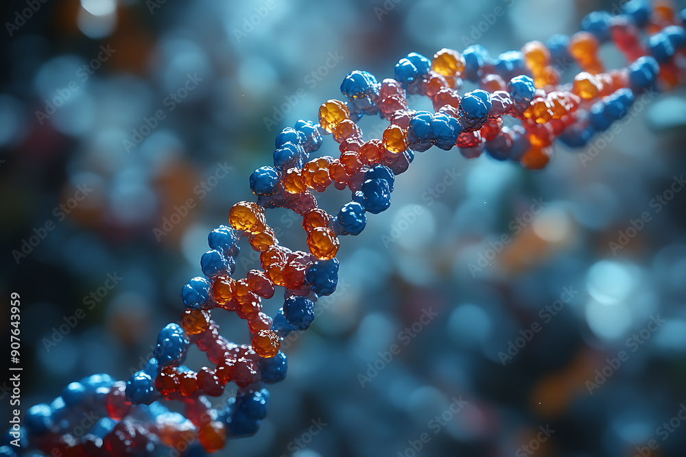 Close-up of a vibrant DNA helix with colorful molecules, showcasing genetic structure and science in a microscopic view.
Close-up of a vibrant DNA helix with colorful molecules, showcasing genetic structure and science in a microscopic view.