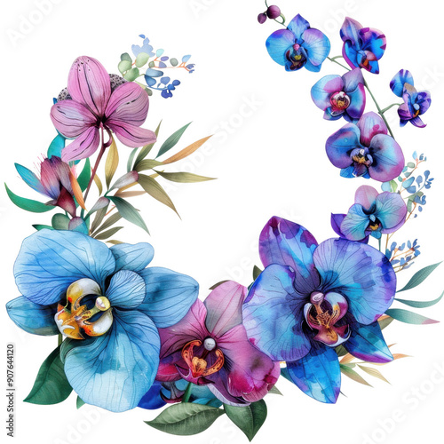 Elegant watercolor illustration of blue and pink orchid flowers with delicate buds and branches, isolated on a white background cut out transparent isolated PNG photo