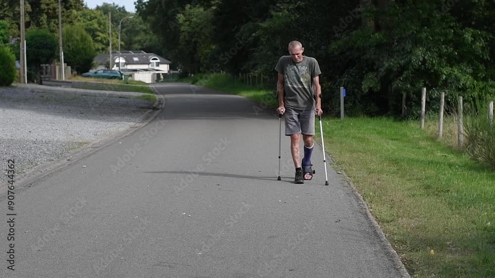 man with broken leg walks down the street,his left leg is in cast adapted for walking in special shoes,he moves with crutches,which reduces the load on the broken foot,concept of rehabilitation man with broken leg walks down the street,his left leg is in cast adapted for walking in special shoes,he moves with crutches,which reduces the load on the broken foot,concept of rehabilitation