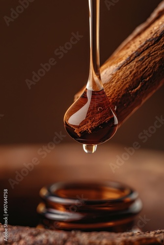 close up of sandalwood drops essential oil. Selective focus photo