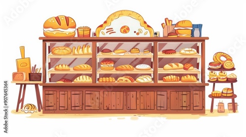 A cute cartoon Style ofAn artisan bakery with fresh pastries, bread, and a warm, inviting atmosphere photo