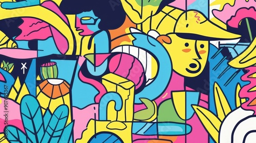 A cute cartoon Style ofA vibrant street art scene with colorful murals, graffiti, and artists at work