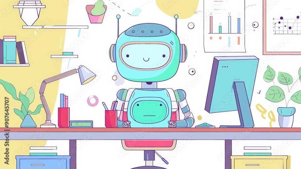 A Cute cartoon-style AI assistant helping with marketing automation, depicted in a colorful, modern office A Cute cartoon-style AI assistant helping with marketing automation, depicted in a colorful, modern office