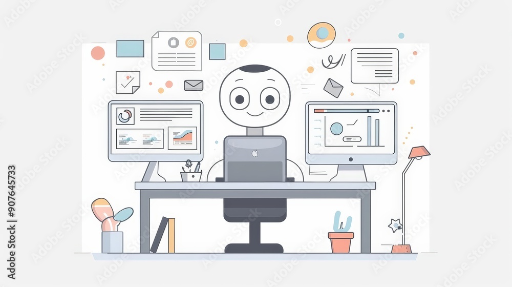 A Cute cartoon-style AI assistant managing a marketing campaign, emphasizing automation and innovation, set in a bright, modern office with playful and engaging visuals A Cute cartoon-style AI assistant managing a marketing campaign, emphasizing automation and innovation, set in a bright, modern office with playful and engaging visuals