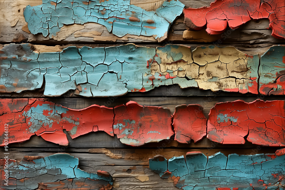 Cracked paint on wood with peeling layers