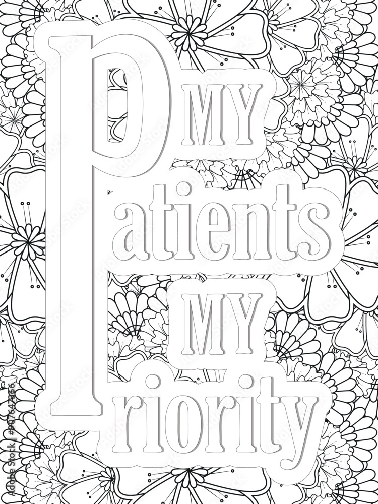 Nurse Quotes Flower Coloring Page Beautiful black and white illustration for adult coloring book Nurse Quotes Flower Coloring Page Beautiful black and white illustration for adult coloring book