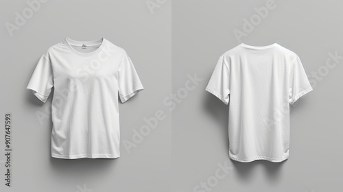 Front and Back View of Plain White T-Shirt Mockup on Gray Background for Design and Branding photo