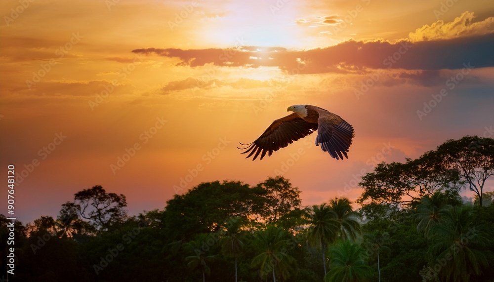 Fototapeta premium sunset in the Mountain Sunset Soar: An Eagle’s Majesty Over the Painted Sea
