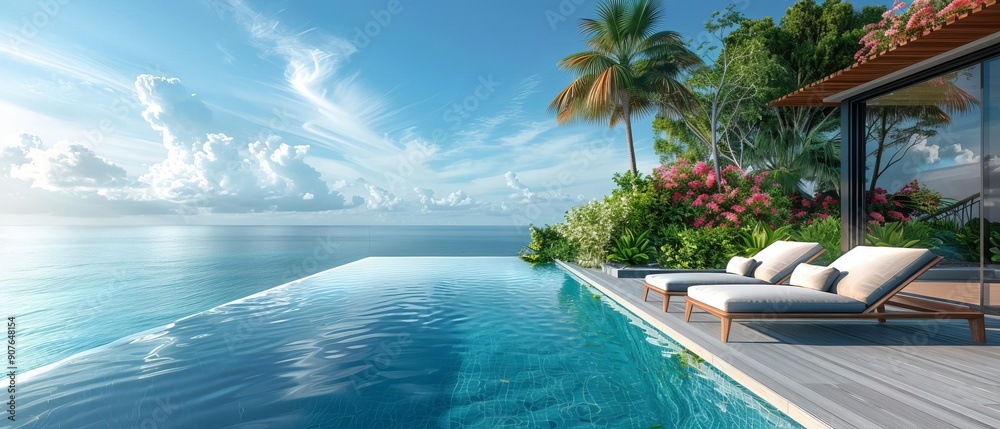 Fototapeta premium Sunbathing on a stylish lounge chair beside an infinity pool with ocean backdrop