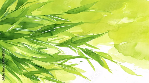 This lush artwork captures the essence of fresh green leaves painted with delicate watercolor strokes, evoking a sense of nature's tranquility and vitality in a calming, organic composition.