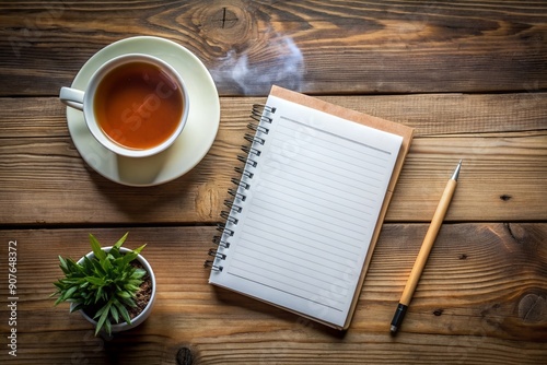 A serene wooden desk setting featuring a blank notebook with pristine pages, an untouched to-do list, and a steaming cup of tea, evoking productivity and calm. photo