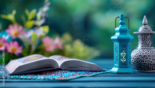 A closeup of a prayer rug and open Quran with Ramadanthemed decorations around it, highlighting the focus on prayer and reflection during the month photo