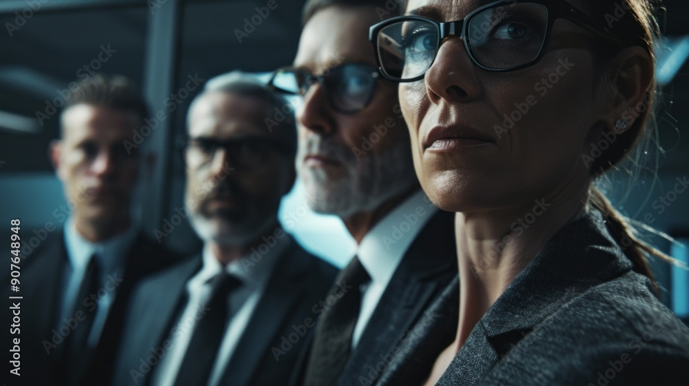 A group of men and a woman wearing glasses stand together A group of men and a woman wearing glasses stand together