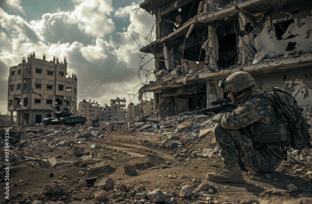 A soldier in front of a destroyed building, with buildings and ruins in the background. The contrast between the war-torn streets and the advanced military equipment highlights the harsh atmosphere. A soldier in front of a destroyed building, with buildings and ruins in the background. The contrast between the war-torn streets and the advanced military equipment highlights the harsh atmosphere.
