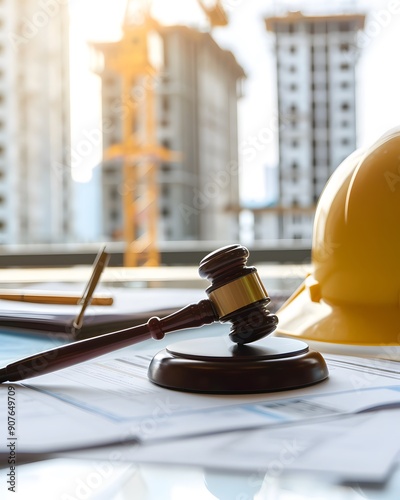 A court gavel and construction helmet sit on top of a table with blurred building structure in the background. Real estate law concept with a building construction project
