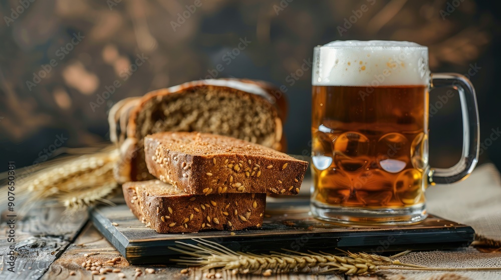 a glass of beer, bread on hops. Selective focus a glass of beer, bread on hops. Selective focus