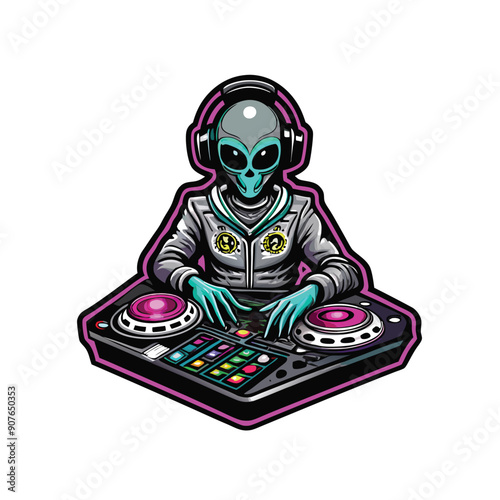 A green alien DJ with headphones on, mixing beats on a futuristic DJ setup.