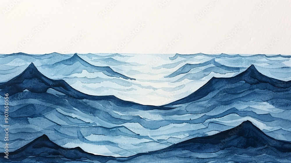A serene illustration of rolling blue ocean waves in watercolor, capturing the tranquil beauty and rhythmic movements of the sea, showcasing a peaceful, artistic representation.